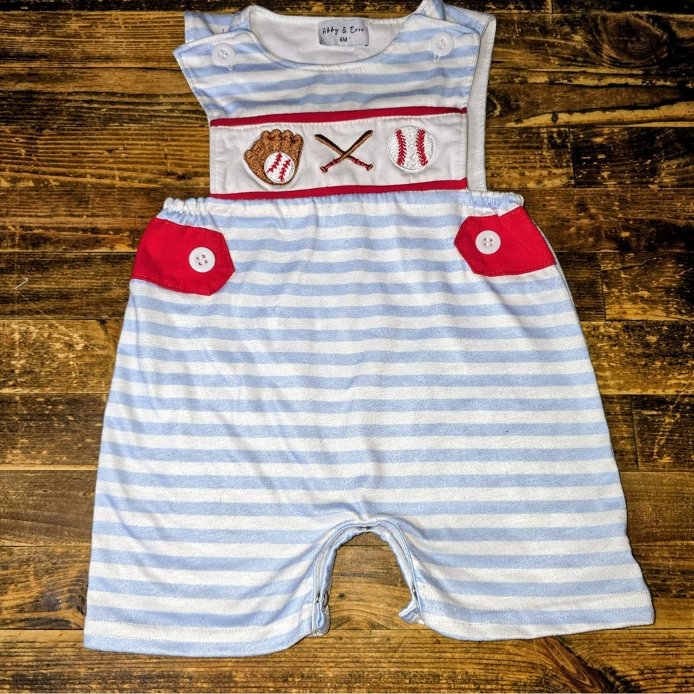 Abby & Evie Boys Baseball Romper Jonjon Smocked Size 6 Mo
